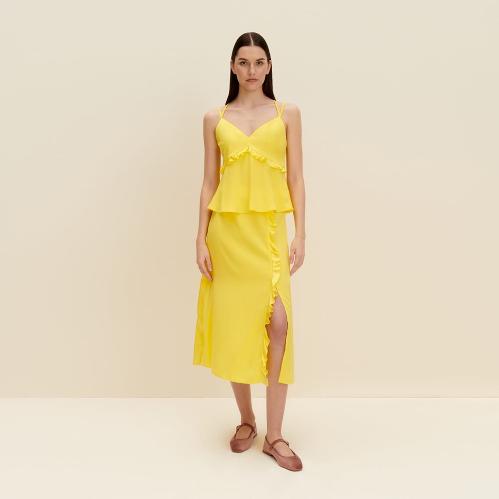 NWT JAAF Ruffled silk top & knee length skirt in lemon yellow XS